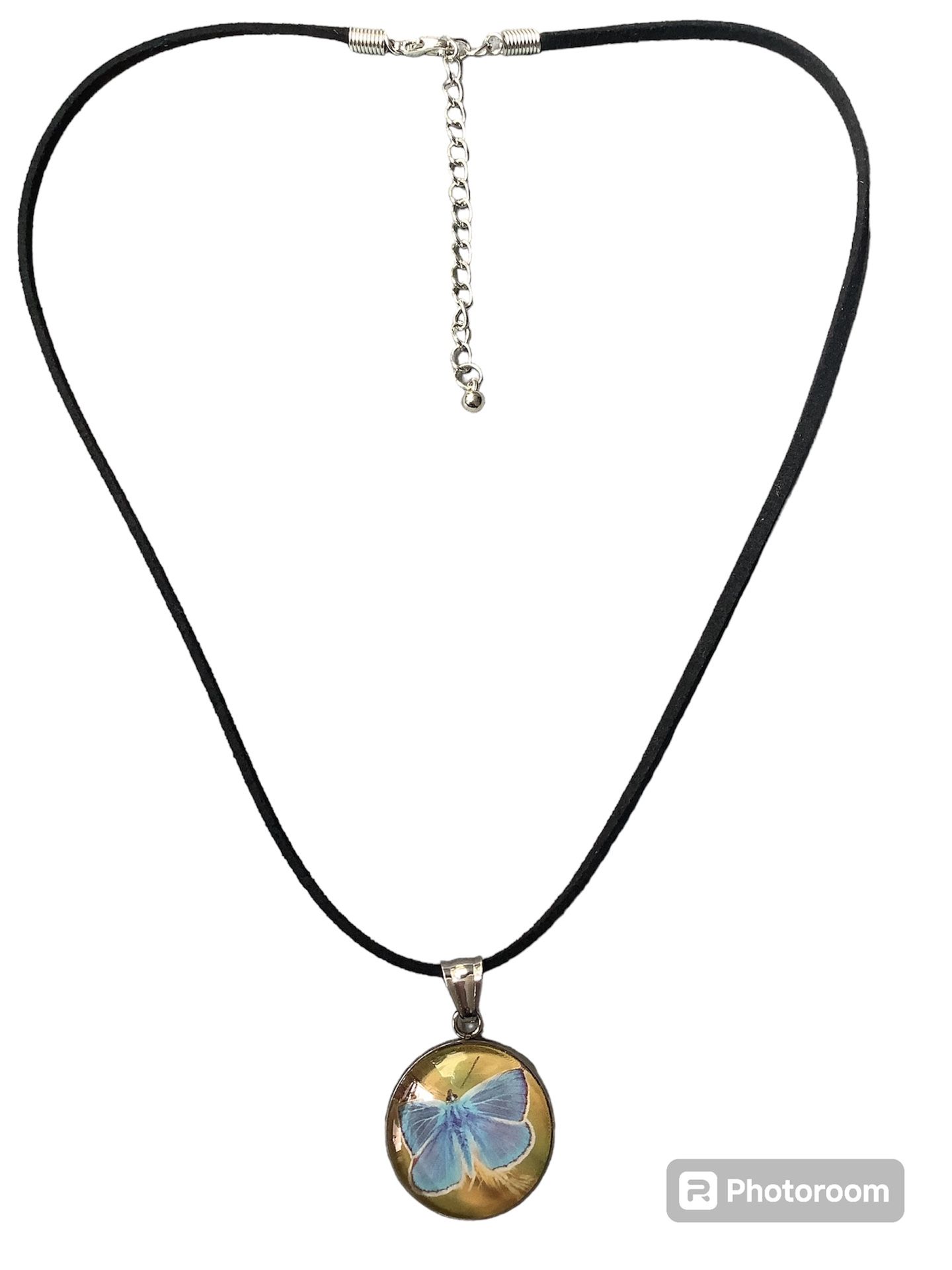 Stainless Steel Butterfly Blue & Yellow 1 Inch Pendant w/ 18” Suede Chain