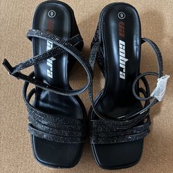 Rhinestone Square Toe Chunky Heel Platform Sandals(Black)sz 9