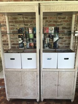 Coastal Style Wicker and Wood Dinner Table and Cabinets
