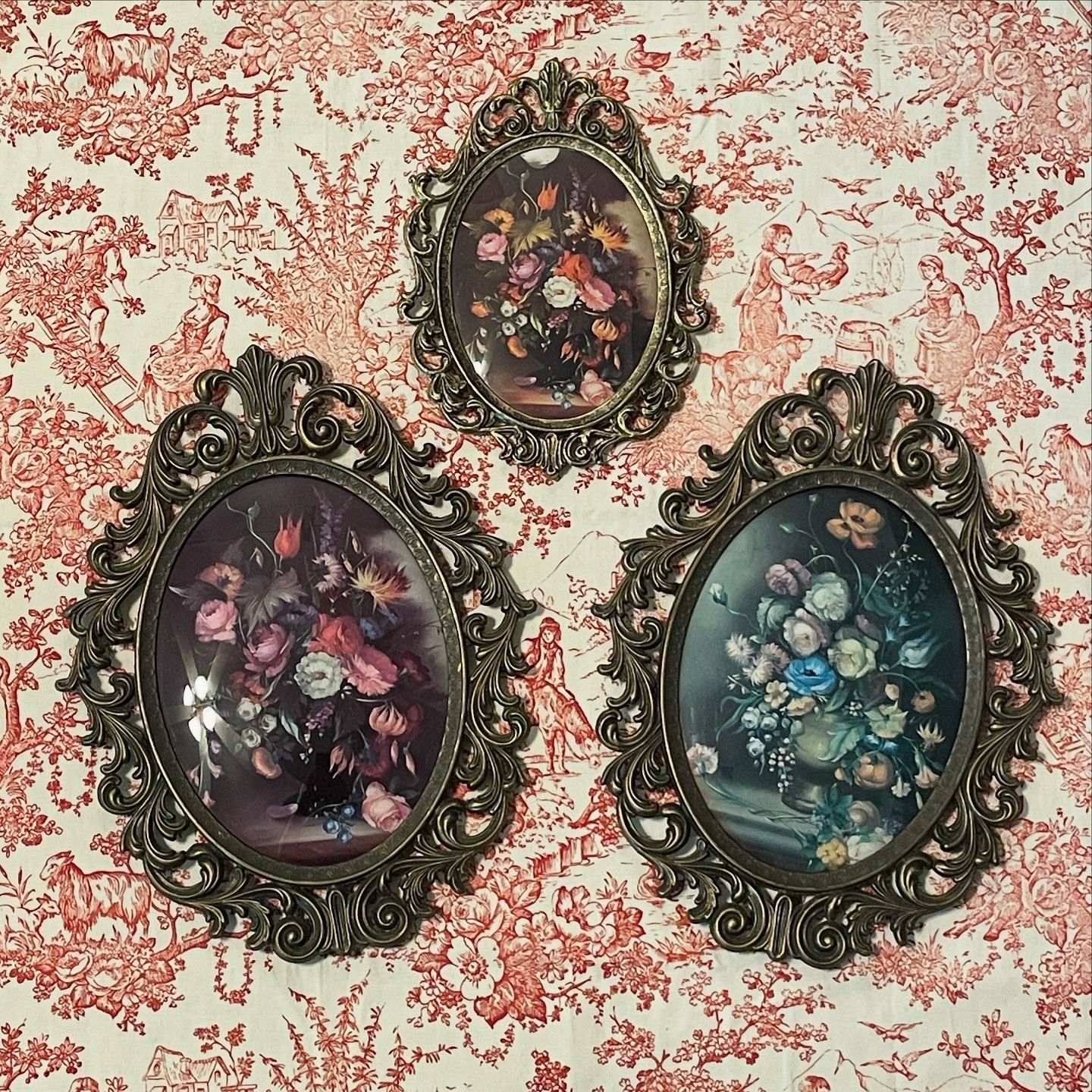 Vintage Italian Ornate Brass Frames with Vintage Moody Floral Prints in Convex Glass - Set of 3