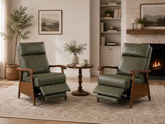 Set of 2 Genuine Leather Recliner Chairs – Fern Green Wood Frame