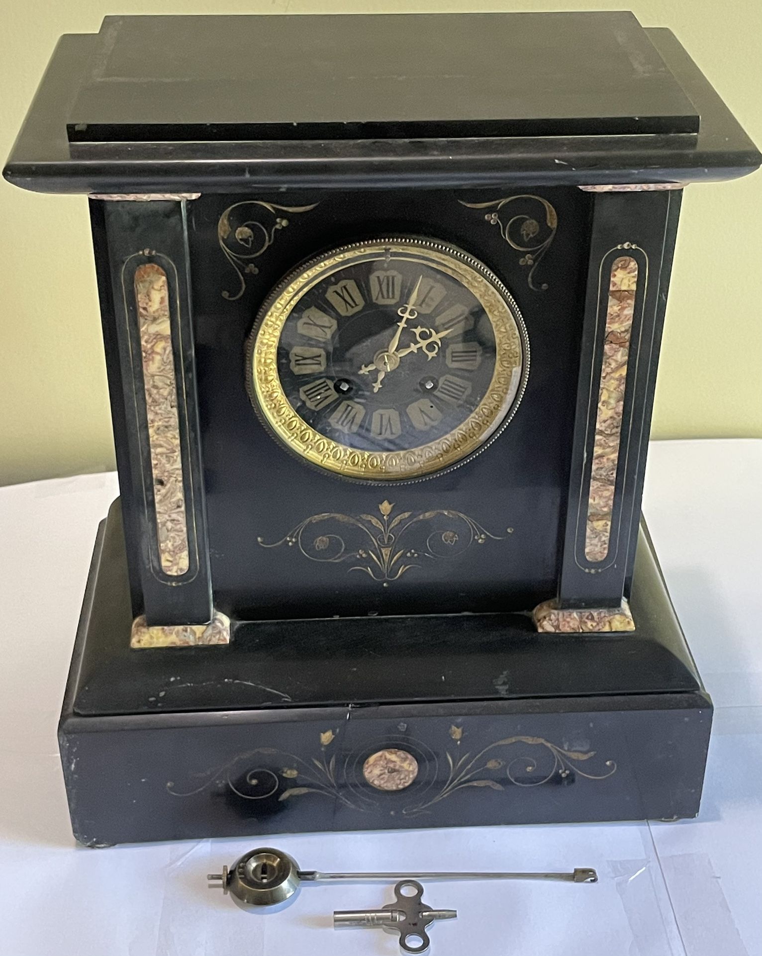 Antique French Black Slate Flower Deco Gong Chime Mantle Clock 14" x 12" x 7"