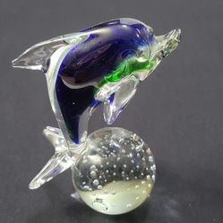Vtg Vecchia Murano Dolphin on Ball Paper Weight  Handblown 6” Tall Blue&Green