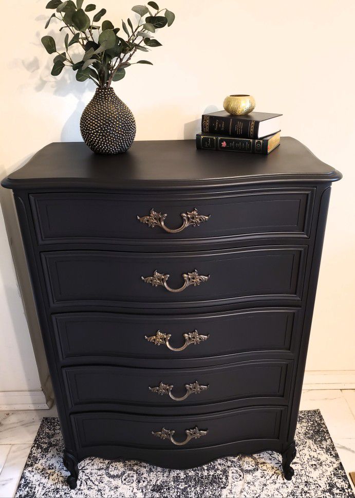 Beautifully Refinished French Provincial Dixie Dresser In Matte Black