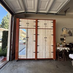 Solid Wood Cabinet with Mirror & Wheels – Rustic Farmhouse Style