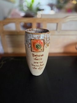 Vintage tall ceramic vase with drip glaze top with leaf design and inspirational quote. 10" tall