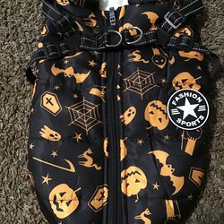 Black dog jacket with built in harness (Halloween) sizes L, XL, XXL, 3XL and 4 XL