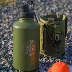 MOON LENCE Insulated Water Bottle, 64 oz Battle Water Jug with Molle Sleeve, Stainless Steel Water Bottles with Changeable Lids, Tactical Water Bottle