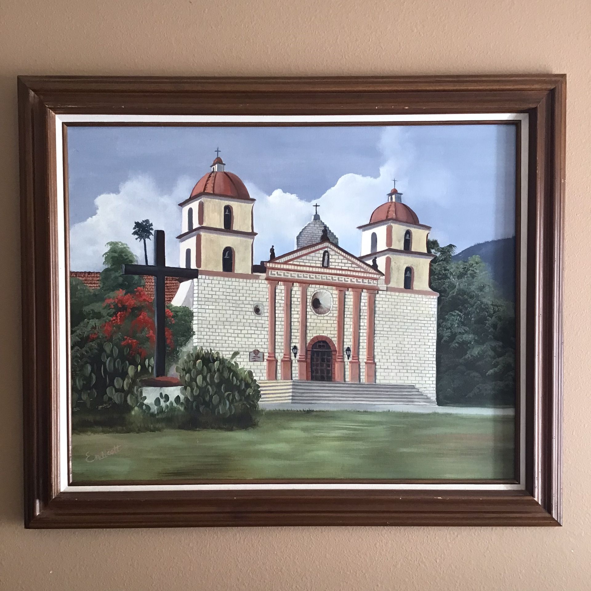Vintage Santa Barbara Mission Framed Original Oil Painting 