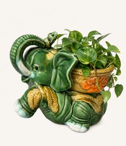 Vintage Majolica Style Lucky Elephant Planter – Trunk Up