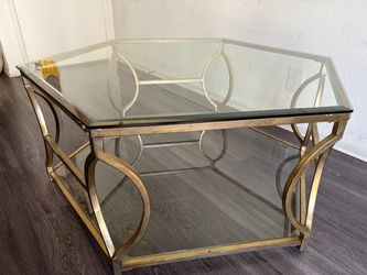 Hexagon Metal & Glass Coffee Table (48" W x 27" H) – 2-Tier