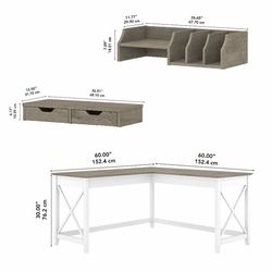 Bush Furniture Key West 60" L Shaped Desk, Pure White & Shiplap Gray with organizers