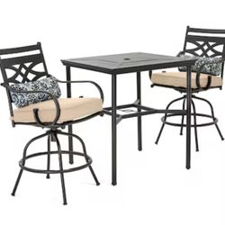 Hanover Montclair 3 Piece Dark Brown Outdoor Bistro Patio Dining Set, Steel Square Table &  Chairs, Cushions