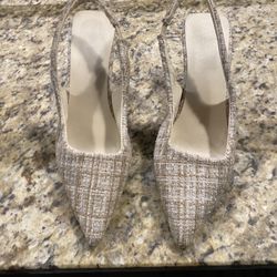 Pointed-Toe Slingback Woven Heels