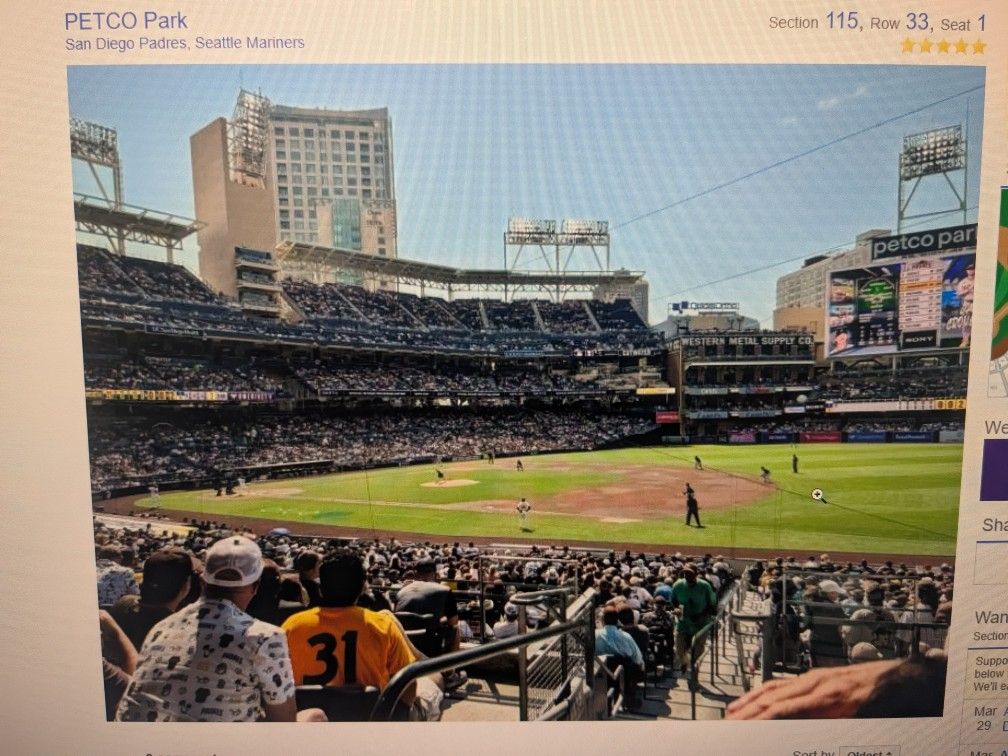 2 Tix Padres v Marlind Mon 5/27 Field Box 115 2nd Row Memorial Day!