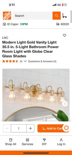 LNC Modern Light Gold Vanity Light 35.5 in. 5-Light Bathroom Power Room Light with Globe Clear Glass Shades