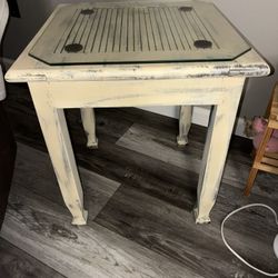 Hand Painted Off White/cream Solid Wood Table W/ Glass Top