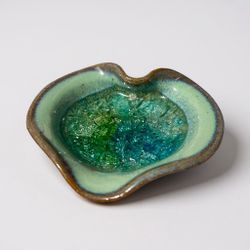 Handmade Studio Pottery Dish – Teal & Green Crackle Glaze