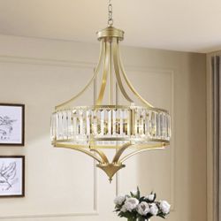 New 20" Crystal Chandelier, 5-Light Gold Light Fixture Hanging Round Height Adjustable Dimmable 