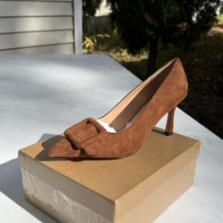 Brown suede high heel pumps with buckle size 8 