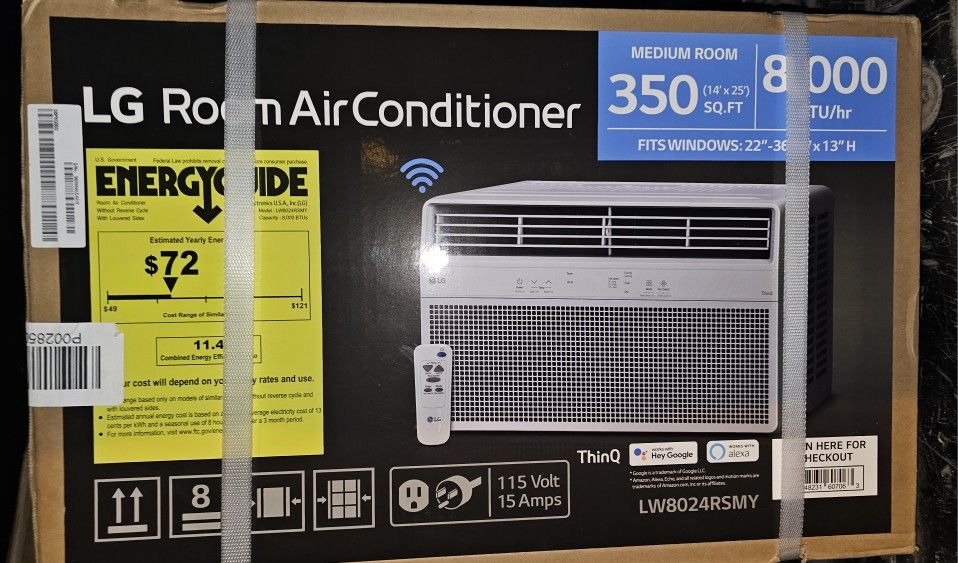 LG
8,000 BTU, 115 Volts, Window Smart Air Conditioner Cools 350 sq. ft. with Remote, WiFi Enabled and Dehumidifier in White