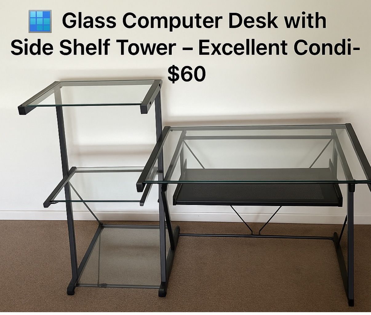 Glass Computer Desk with Side Shelf Tower β Excellent Condition - $60 (Cockeysville, MD)