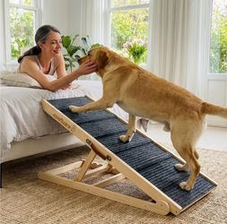 Adjustable Wooden Dog Ramp for Bed – Non-Slip Pet Ramp, Large & Small Dogs