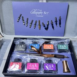 Calligraphy Pen Set With Carry On Bag – Includes Wooden Dip Pen, Antique Brass Holder, 11 Nibs, 7 Colors Ink Bottles 