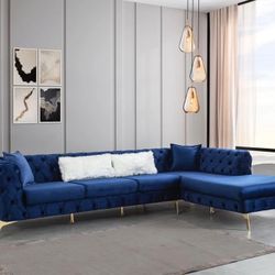 Lucca Velvet Blue RAF Chaise Sectional/couch /Living room set
