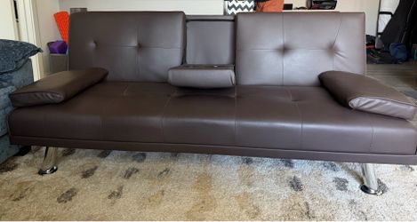 Futon bed couch brown with cup holders pleather, great condition!