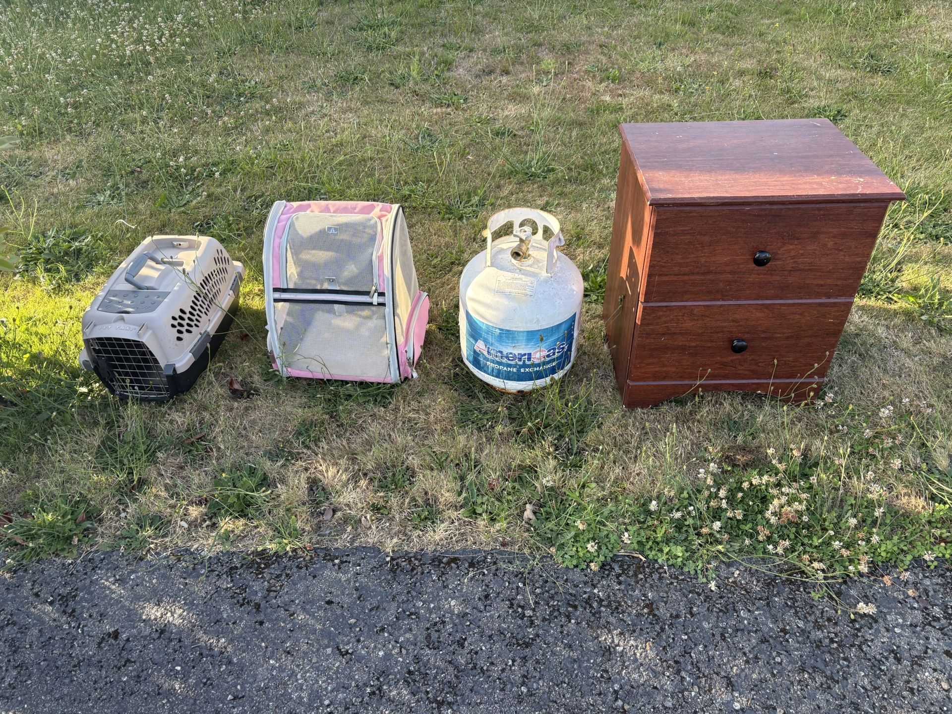 Free Pet Carrier, Night Stand, Empty Propane Tank, Basketball Hoop