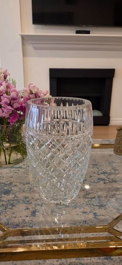 Brand New Elegant Diamond Cut Large Crystal Flower Vase. 12x7 inches. Made in Poland.