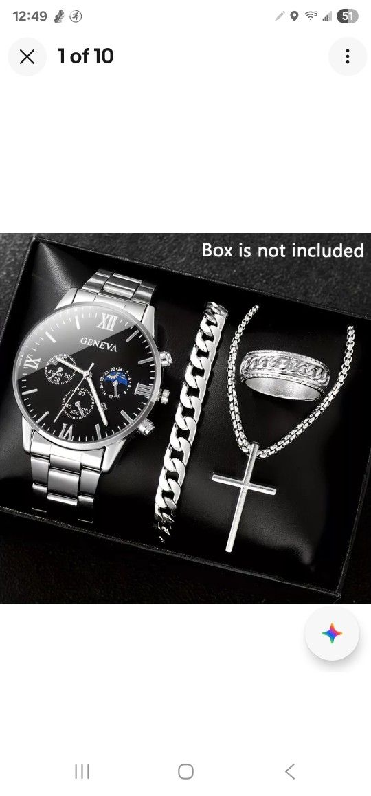4 Pcs Set Fashion Silvery Quartz Watch Cross Necklace Bracelet Ring Men Luxury