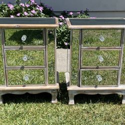 Pair of Mirrored 3 Drawer Nightstands Distressed Wood Finish