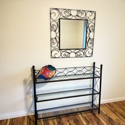 handcrafted wrought iron and glass 3 tiered baker's rack Console table + Mirror