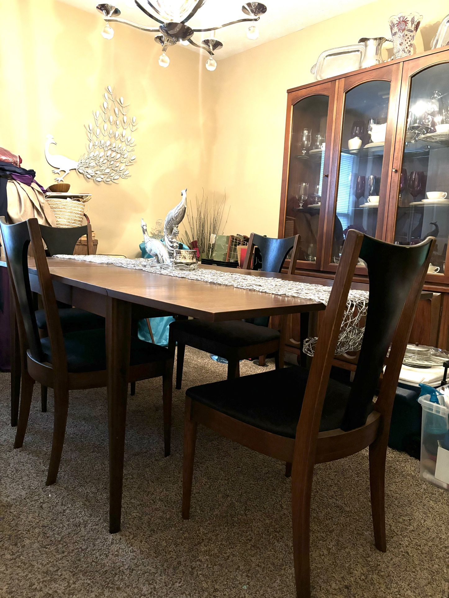 Mid Century Danish Modern Forward Drop Leaf Dining Table with extension leaf and 6 side dining chairs