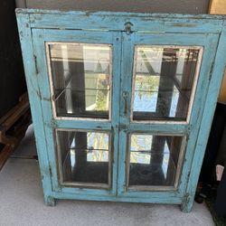Coastal Blue Distressed 2 Door Glass Display Cabinet