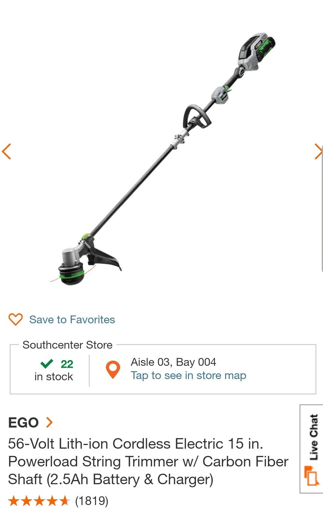 EGO 56-Volt Lith-ion Cordless Electric 15 in. Powerload String Trimmer w/ Carbon Fiber Shaft (tool only )