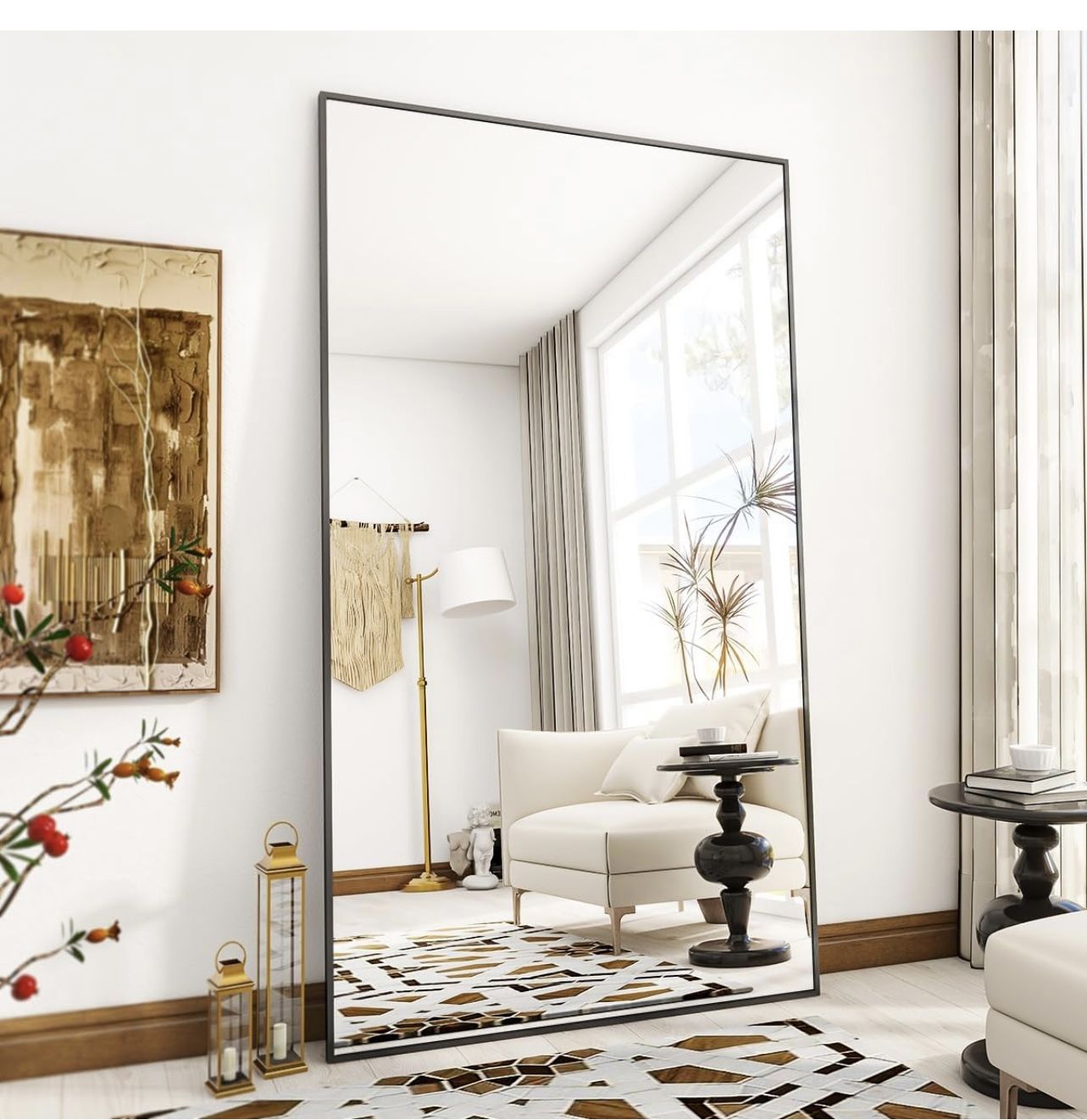 76" x 34" Floor Mirror with Stand, Aluminum Alloy Frame Full Body Mirror, Standing Hanging or Leaning Against Wall Bedroom Living Room, Black