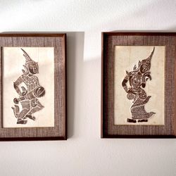Authentic Set Of 2 3D Buddhist Charcoal Rubbing Thai Temple on Rice Paper Framed