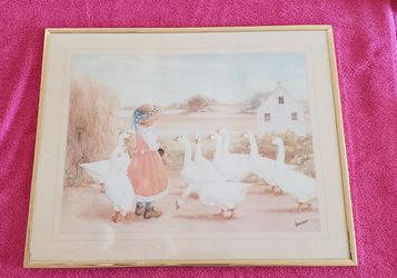 16 x 20 Inch Framed Print Geese and Girl Country Farm Goose Scene
