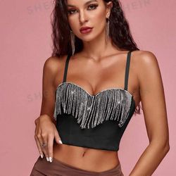 Apperloth A Rhinestone Fringe Trim Corset Cami Top