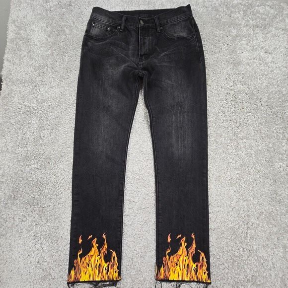 MNML Jeans Mens 31x31 Black Straight Flames Raw Hem Cotton Denim Punk Rock