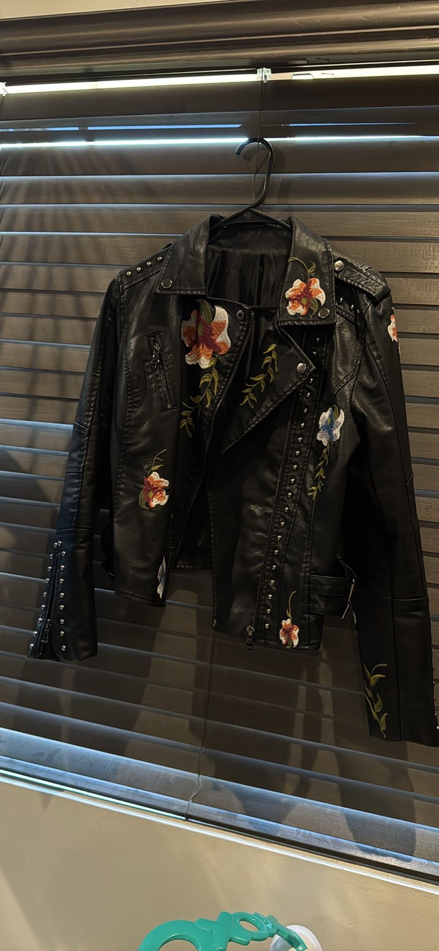 Floral patch leather jacket
