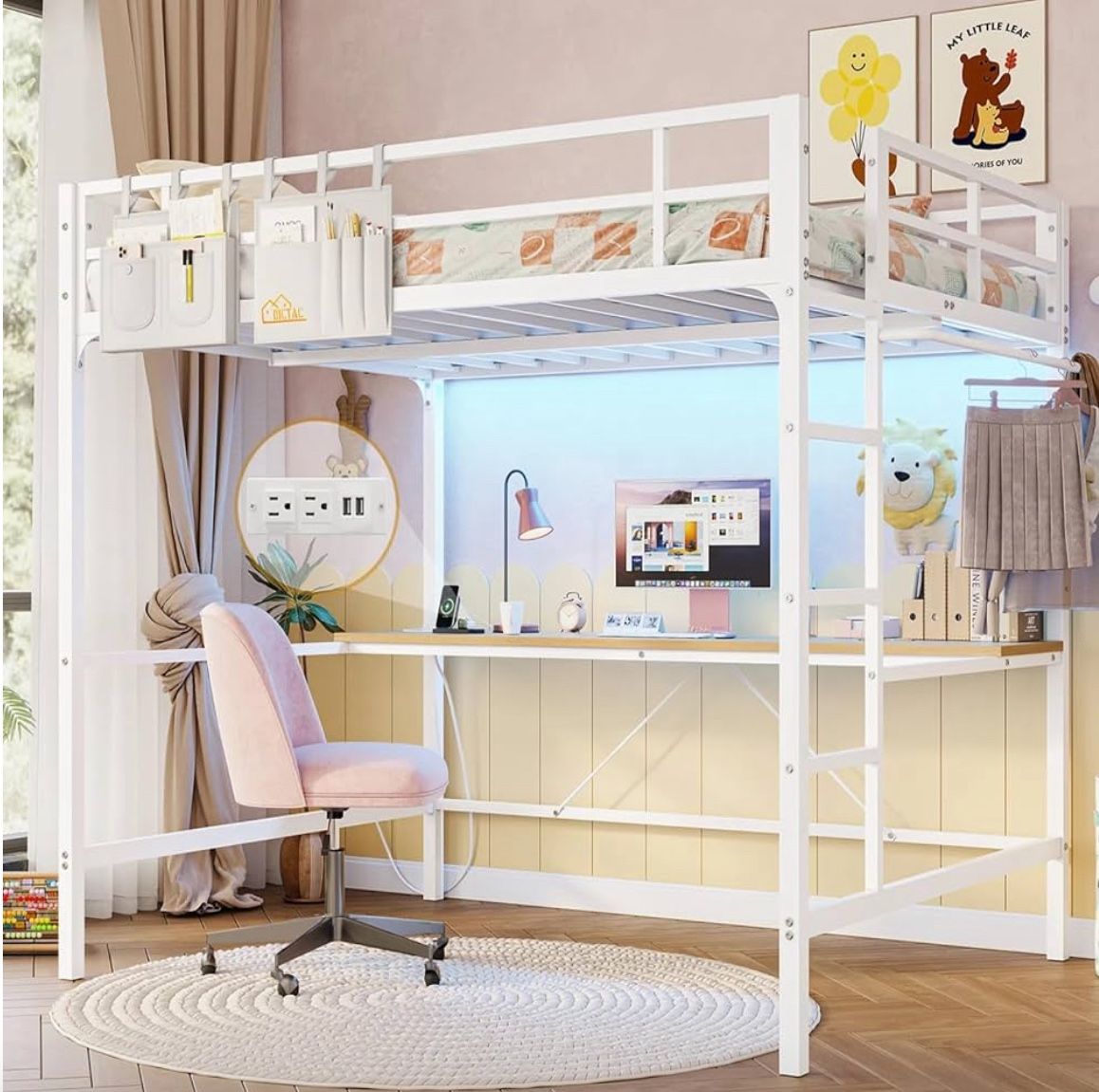  ⸻  Full Size Loft Bed with Desk, LED Lights & Power Outlet – Excellent Condition