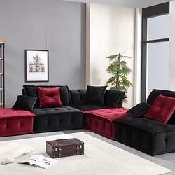Brand New Ultra Chill Tufted Velvet Sectional 2 Tone Black Red Modern Design Plush AF 