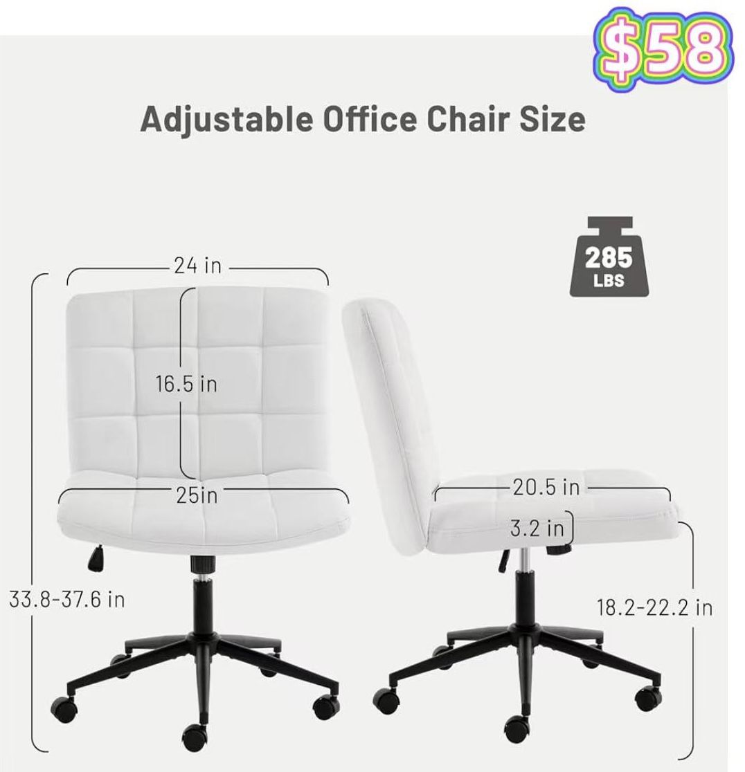 😀Furniliving Home Office Desk Chair with Wheels,Criss Cross Legged Wide Chair Armless Height Adjustable Chair with Mid Back PU-Padded Swivel Accent