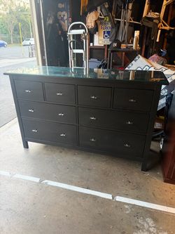 Black 8 Drawer Dresser with Glass Top
