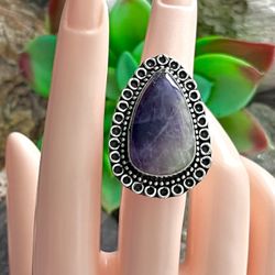 Teardrop Natural Chevron Amethyst Silver Ring Sz 6