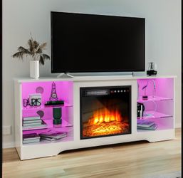 White TV Stand with Electric Fireplace and LED Lights